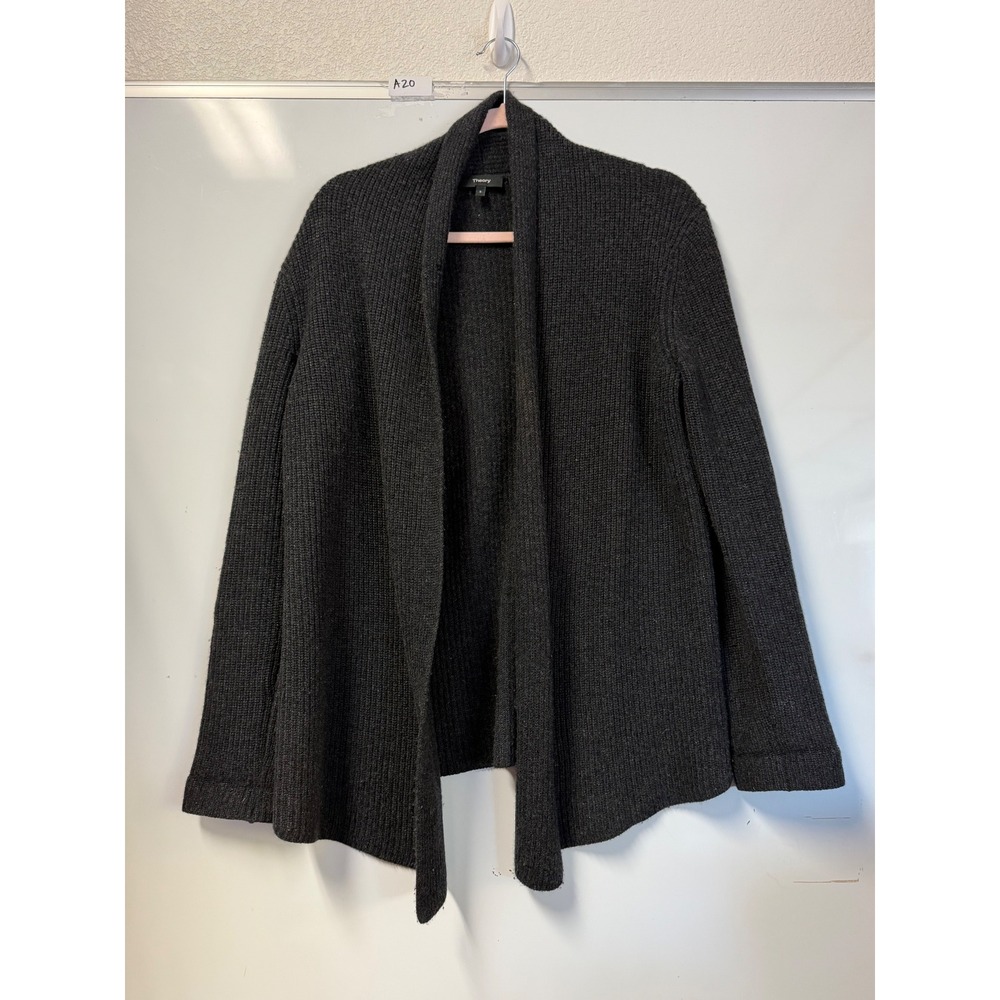 Theory Clairene C Cashmere Cardigan Gray Open Front Ribbed Knit Sweater Size S
